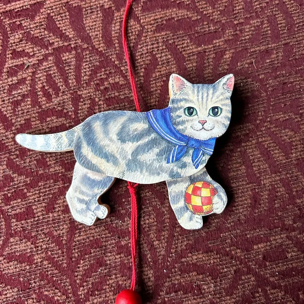 Gray Cat with Blue Scarf Christmas Tree Ornament 4.5” From head to tail